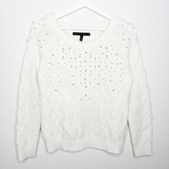 White House Black Market Cream Cable Knit Pearl Embellished Sweater XS - Picture 2 of 10